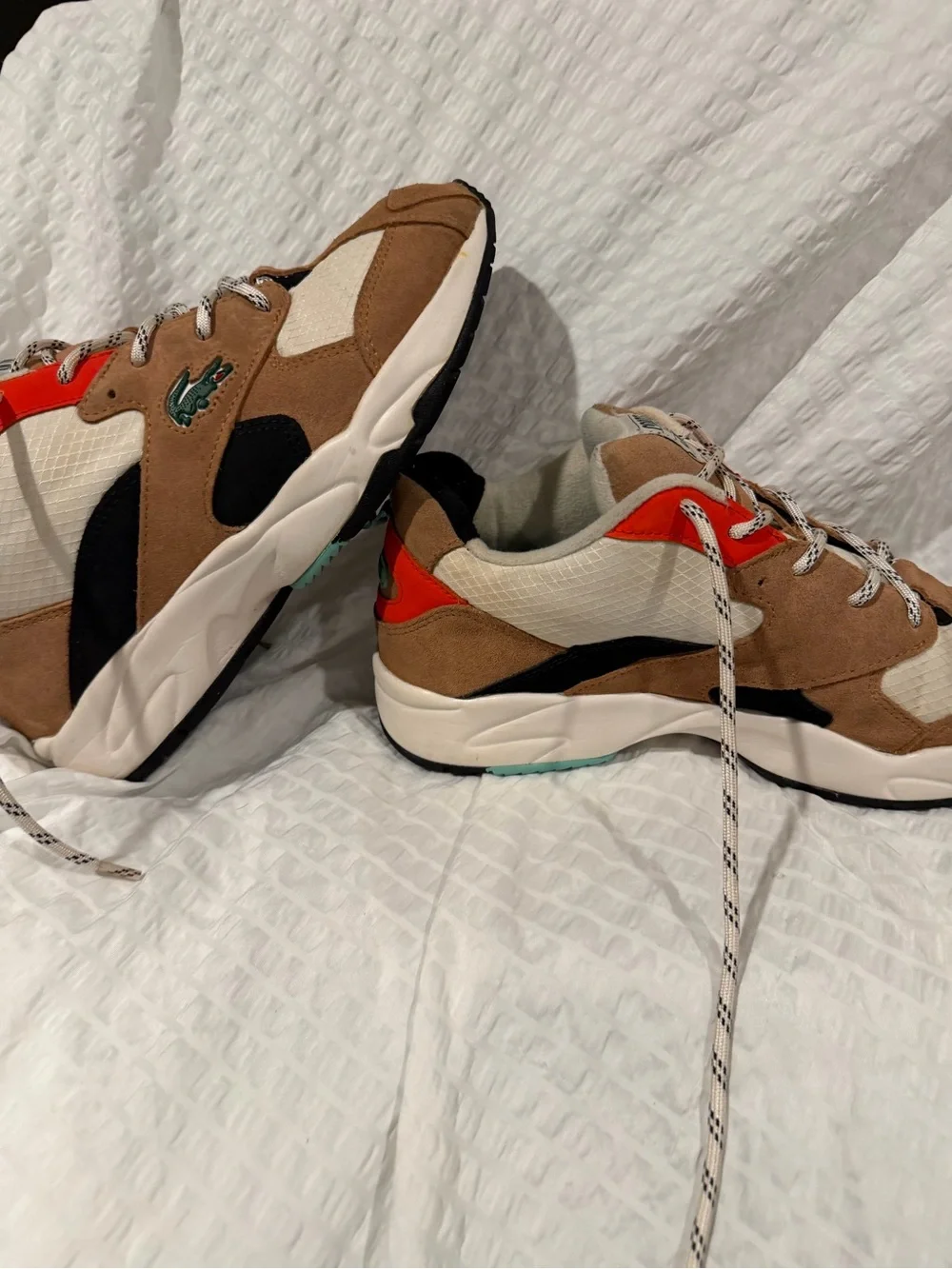 Lacoste Men’s Tan Suede Sneakers with Cream and Orange Accents